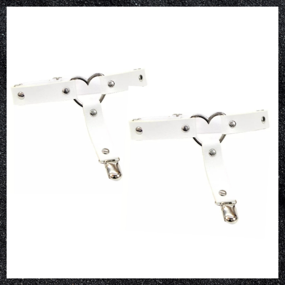 White Studded Heart Leather Thigh Garter Harness Pair Set